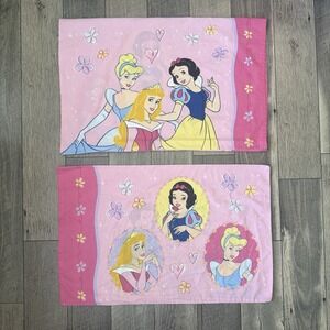 Set of 2 Disney Princess Pillowcases Pink Cinderella Snow White Aurora Sz 20x30